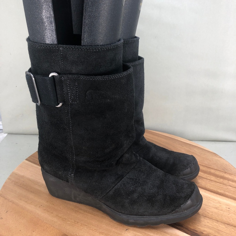 Sorel Toronto Black Suede Wedge Booties Womens Size 8.5 Pull On Mid Calf